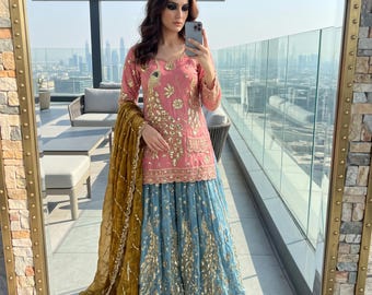 Designer Fendy Silk Indian Womens Sharara Suit, Sequins Embroidery Indian Clothes Sharara Set Indian Suit Pakistani Suits Sabyasachi