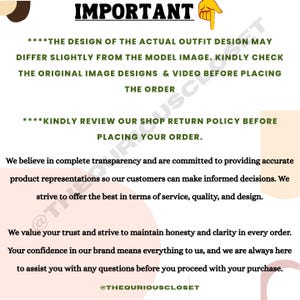 May include: A cream-colored graphic with the word "IMPORTANT" in bold, black letters. The text advises customers to review the design and return policy before ordering. The shop's handle, @THEQURIOUSCLOSET, is at the bottom.