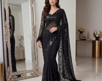 Ready to Wear Designer Heavy Embroidered Net Saree With Blouse, Reception Bridal Party Wear Pre-Stitched Bollywood Saree, Sabyasachi Saree