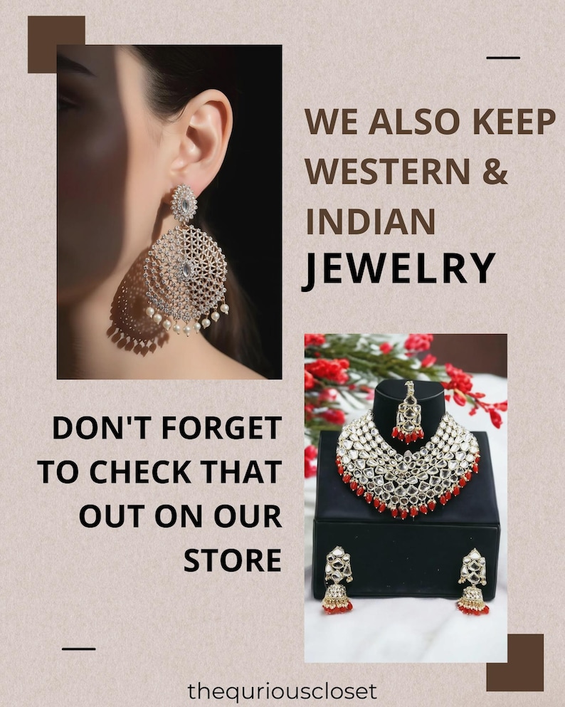 May include: Image features a close-up of a woman's ear wearing a large, ornate silver earring with pearl accents. A matching necklace and earrings set with red accents are displayed. Text reads: "WE ALSO KEEP WESTERN & INDIAN JEWELRY."