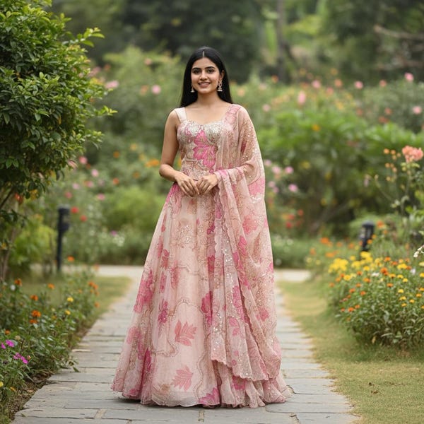 Rosa Blumendesigner-Korsett Lehenga Choli Set, gestickte indische Hochzeitsfeier Sabyasachi Lehenga Organza Chaniya Choli mit Cancan