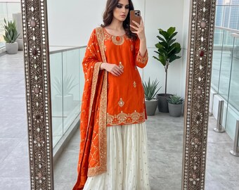 Designer Chinnon Silk Indian Womens Sharara Palazzo Suit, Embroidery Indian Clothes Palazzo Set Indian Suit Pakistani Suits Sabyasachi