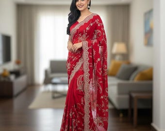 Ready to Wear Designer Embroidered Vichitra Silk Saree With Blouse, Reception Bridal Party Wear Indian Bollywood Saree, Sabyasachi Saree