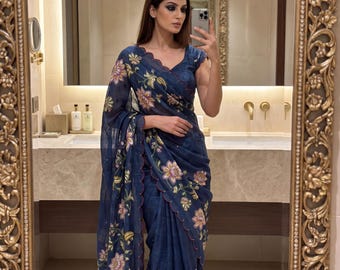 Ready to Wear Blue  Cotton Linen Floral Saree Blouse, Everyday Cotton Saree Pre-Stitched Indian Bollywood Saree, Sabyasachi Saree
