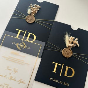 Acrylic Wedding Invitation Set with Gold Foil and Black Envelopes for Brides and Grooms