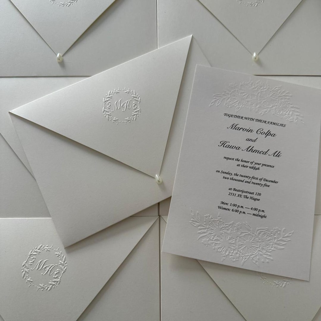 Embossed Monogram Wedding Invitation: Minimalist Pearl Seal, Custom ...