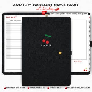 May include: A black digital planner with a cherry design. The planner features a minimalist design with the text "PLANNER" and "JANUARY" visible. The planner has a gold button closure and a red ribbon bookmark. The text "MINIMALIST HYPERLINKED DIGITAL PANNER" is at the top.