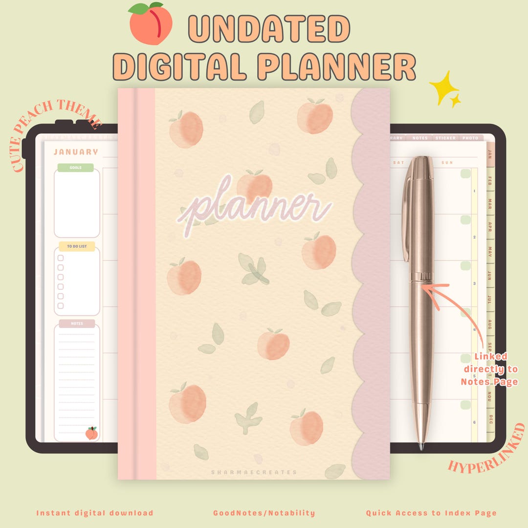 Peach Pastel Digital Planner, Undated Hyperlinked iPad Planner (PDF ...