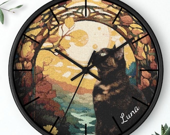 Personalized Tortoiseshell Cat Clock, Boho Sunset Garden Wall Decor