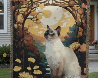 Personalized Siamese Cat Blanket, Boho Garden Sunset, Watercolor Portrait Furry Woven or Velveteen
