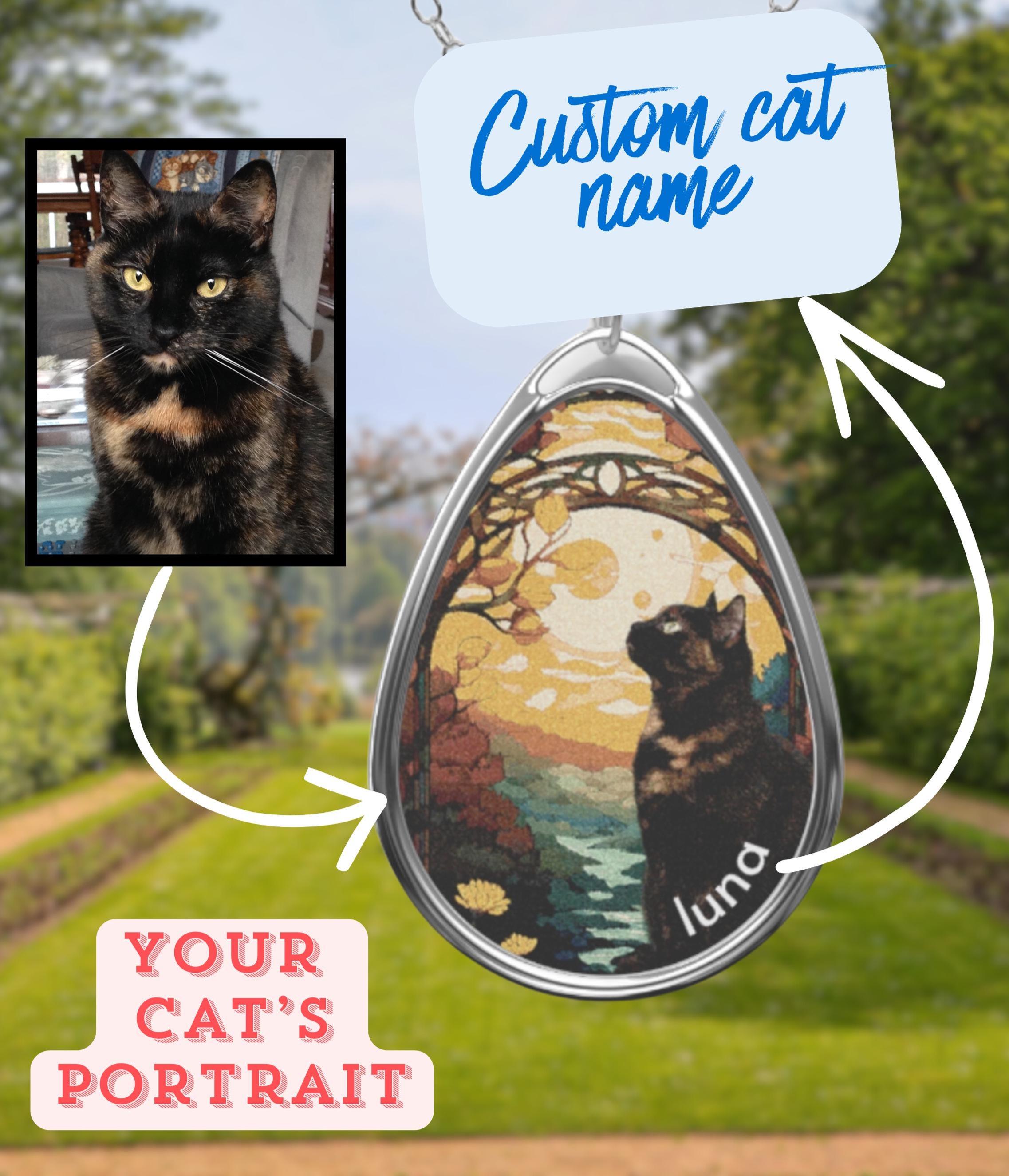 Custom Tortoiseshell Cat Portrait Necklace, Boho Garden Sunset, Personalized Pet Memorial, Watercolor Portrait