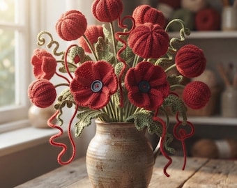 May include: A bouquet of crocheted red flowers with green stems and leaves arranged in a speckled ceramic vase. The flowers feature rounded petals and dark buttons at their centers, with some stems displaying curly tendrils and spherical buds.