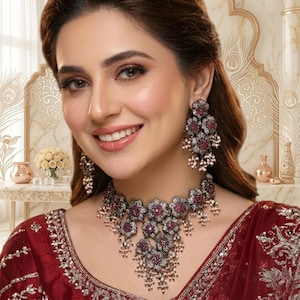Ruby Necklace Victorian Choker Set, Antique Silver Statement Necklace, Indian Choker Set, Sabyasachi Inspired Jewelry For Women