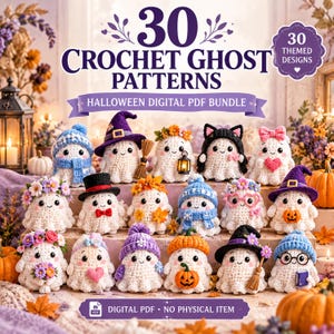 May include: A digital PDF bundle featuring 30 crochet ghost patterns with Halloween themes. The image displays various small, white crocheted ghosts wearing accessories like hats, scarves, flowers, and holding items like pumpkins and lanterns.