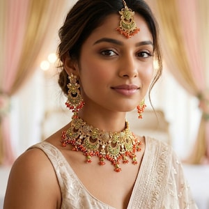 May include: A gold-toned jewelry set featuring a necklace, matching drop earrings, and a maang tikka headpiece. Each piece is adorned with intricate filigree metalwork, small green stones, and dangling coral-colored beads in a crescent design.