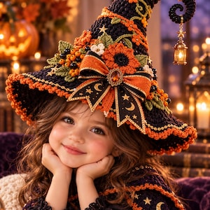 May include: A dark purple crocheted witch hat featuring an orange scalloped brim, orange and green floral embellishments, and a central orange bow with a gold-toned gem. A small, lit lantern hangs from the curled tip of the hat.