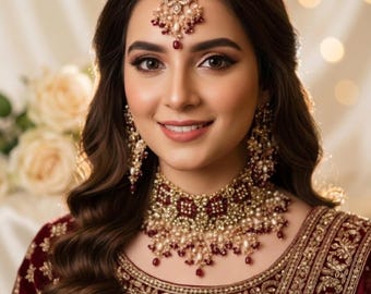 Red Kundan Bridal Choker Set with Earrings & Maang Tikka