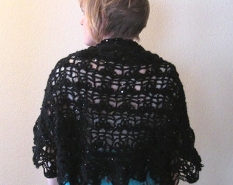 Shrug Black Sequined Bridal Evening Wear Crocheted Lacy Wool Blend