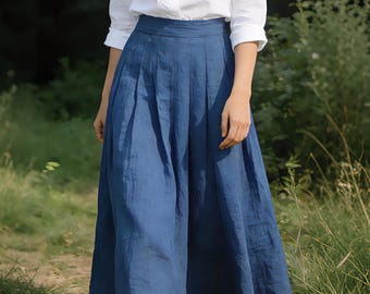 Blue Linen Skirt, Midi Skirt Women, High Waist A Line Skirt, Pleated Skirt,  Minimalist Skirt, Summer Skirt, Casual Elegant Skirt