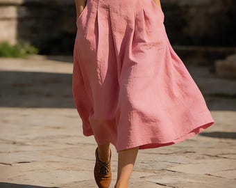 Falda midi de lino y algodón para mujer, falda de lino de verano de cintura alta, estilo A, informal, con cintura elástica, estilo minimalista.