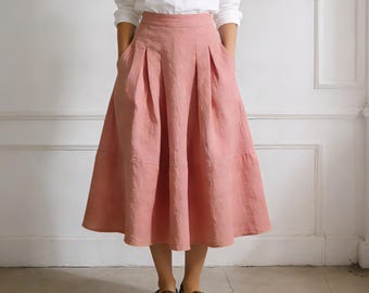 Linen Cotton Midi Skirt Women, High Waist Pleated Skirt, A Line Skirt with Pockets, Elegant Minimalist Skirt, Spring Summer Skirt