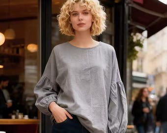 Linen Long Puff Sleeve Shirt - Casual Loose Fit Top - Soft Breathable Top for Women - Lightweight Shirt - Fashionable Summer and Fall Top
