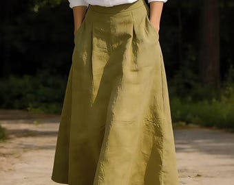 Gonna lunga in lino e cotone per donna, gonna in lino a vita alta con linea ad A, gonna midi estiva con tasche, gonna in lino minimalista