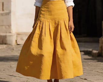 Falda midi de lino, falda de lino y algodón con cintura alta, falda de verano de corte A, falda plisada de lino, falda vintage informal