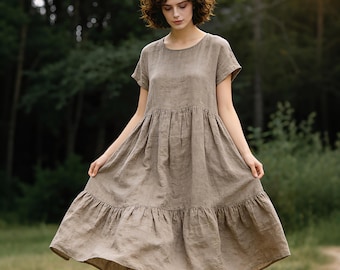 Loose Linen Dress Women | Cotton Linen Babydoll Dress | Casual Summer Dress | Short Sleeve Smock Dress | Boh Dress | Custom Dress