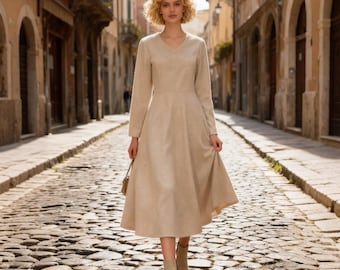Abito midi minimalista in lana a maniche lunghe per donna, abito in lana autunno inverno, elegante abito a trapezio, abito misto scollo a V, abito da festa su misura