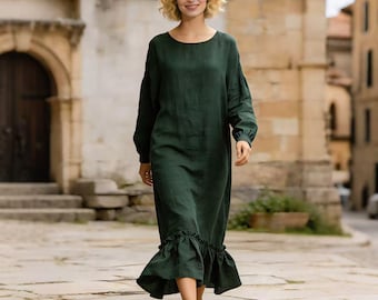 Linen Cotton Long Sleeve Maxi Dress, Linen Loose Fit Ruffle Hem Dress, Natural Fabric Casual Spring Autumn Dress for Women