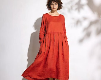 Losse linnen maxi-jurk voor vrouwen, linnen katoenen jurk met lange mouwen, ontspannen fit midi maxi-jurk, natuurlijke linnen jurk, alledaagse slow fashion