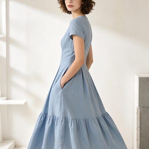 Pu&ograve; includere: Un abito azzurro con maniche corte e gonna svasata. L'abito presenta uno scollo a V, tasche e un orlo a balze. La modella indossa l'abito in un ambiente da studio.