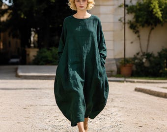 Loose Linen Dress for Women, Long Sleeve Linen Dress, Minimalist Oversized Dress, Natural Fabric Everyday Dress, Spring Autumn Linen Dress