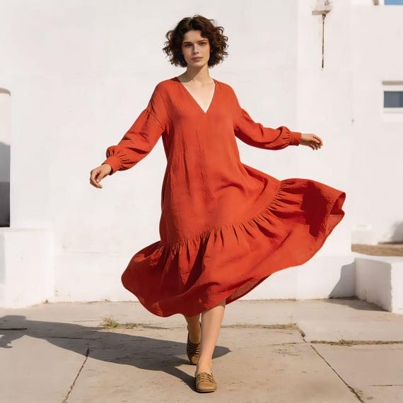 rust colored maxi dress Linen Cotton Dress, V Neck Long Sleeve Loose Dress, Oversized Boho Linen Dress, Minimalist Handmade Fall and lightweight fabric Danaé Brown Shirred-effect Draped Maxi