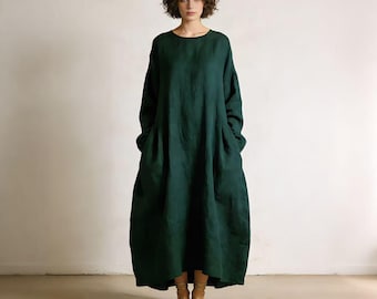Long Linen Cotton Maxi Dress for Women, Loose Long Sleeve Linen Dress, Minimalist Oversized Dress, French Style Everyday Dress