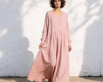 V Neck Long Sleeve Linen Maxi Dress – Loose Fit Cotton Linen Dress for Women, Flowy Minimalist Everyday Dress, Soft Natural Fabric