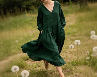 Everyday Linen Dress, Linen Cotton Maxi Dress, V Neck Long Dress, Loose Green Linen Dress, Long Sleeve Boho Dress, Minimalist Dress