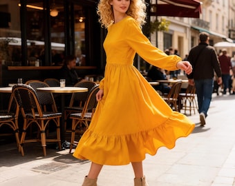 Linen Dress Women，Elegant Cottagecore Long Sleeve Ruffle Hem Dress，Vintage Linen Spring Dress ,Handmade Custom Dress, Holiday Party Dress