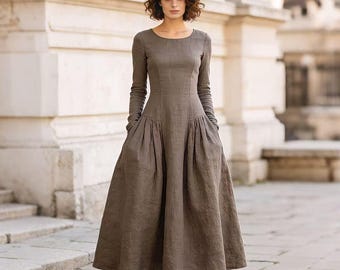Linen Wedding Dress Long Sleeve Modest Bridal Dress Linen Maxi Dress with Pockets Simple Elegant Wedding Guest Dress
