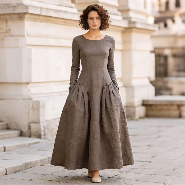 Linen Wedding Dress Long Sleeve Modest Bridal Dress Linen Maxi Dress with Pockets Simple Elegant Wedding Guest Dress