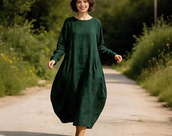 Linnen katoenen maxi-jurk dames | Losse jurk met lange mouwen | Jurk van natuurlijke linnenmix | Comfortabele maxi-jurk voor dagelijks gebruik