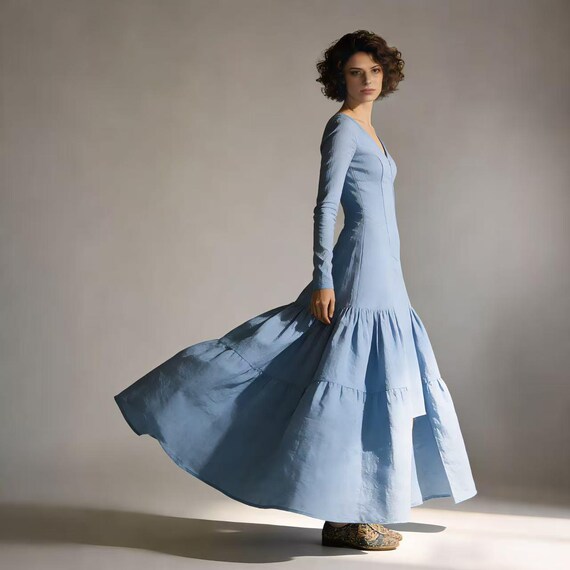 linen formal dress women Dress, Long Sleeve Linen Gown, Minimalist Evening Dress, Wedding Guest Linen Dress, Elegant Linen Maxi Dress, Custom FW24-F1