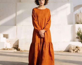 Linen Cotton Long Sleeve Maxi Dress for Women, Loose Minimalist White Linen Dress, Oversized Casual Spring Summer Dress, Soft Linen Clothing
