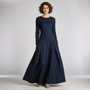 Vestido longo maxi de linho, vestido elegante de manga comprida, vestido de noite, vestido para convidada de casamento, vestido minimalista para primavera, verão e outono para mulheres.