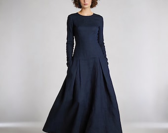 Lange linnen maxi-jurk, elegante jurk met lange mouwen, avondjurk, bruiloftsgastjurk, minimalistische lente/zomer herfstjurk voor dames