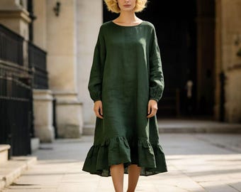 Linen Long Sleeve Dress for Women, Loose Fit Ruffle Hem Dress, Natural Linen Cotton Midi Dress, Casual Autumn Linen Dress