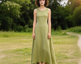 Sleeveless Green Linen Dress, Summer Maxi Dress, Casual A-Line Dress, Boho Style Dress, Comfortable Cotton Linen Dress, Custom Dress