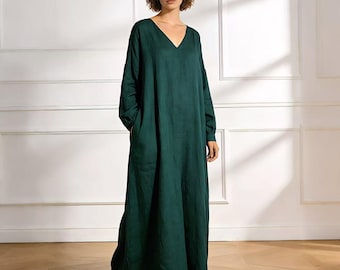 Long Linen Cotton Maxi Dress, V Neck Long Sleeve Dress, Loose Fit Linen Dress, Minimalist Maxi Dress, Natural Linen Clothing