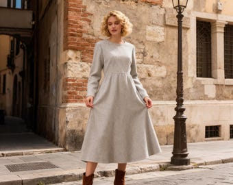Abito a maniche lunghe in lana per donna, abito midi autunno-inverno in lana al 70%, elegante abito caldo in lana a trapezio, abito minimalista in lana grigia, taglia personalizzata